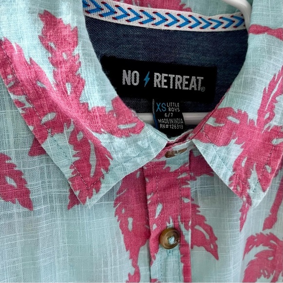 Tropical Button Down Short-sleeve Dress Shirt Mint and Coral Palm Print Boys 6/7 - Picture 3 of 3